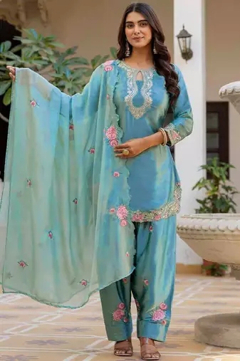 turquoise satin kurta set