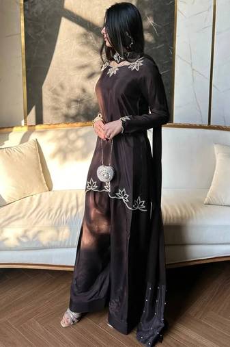 brown faux georgette kurta set