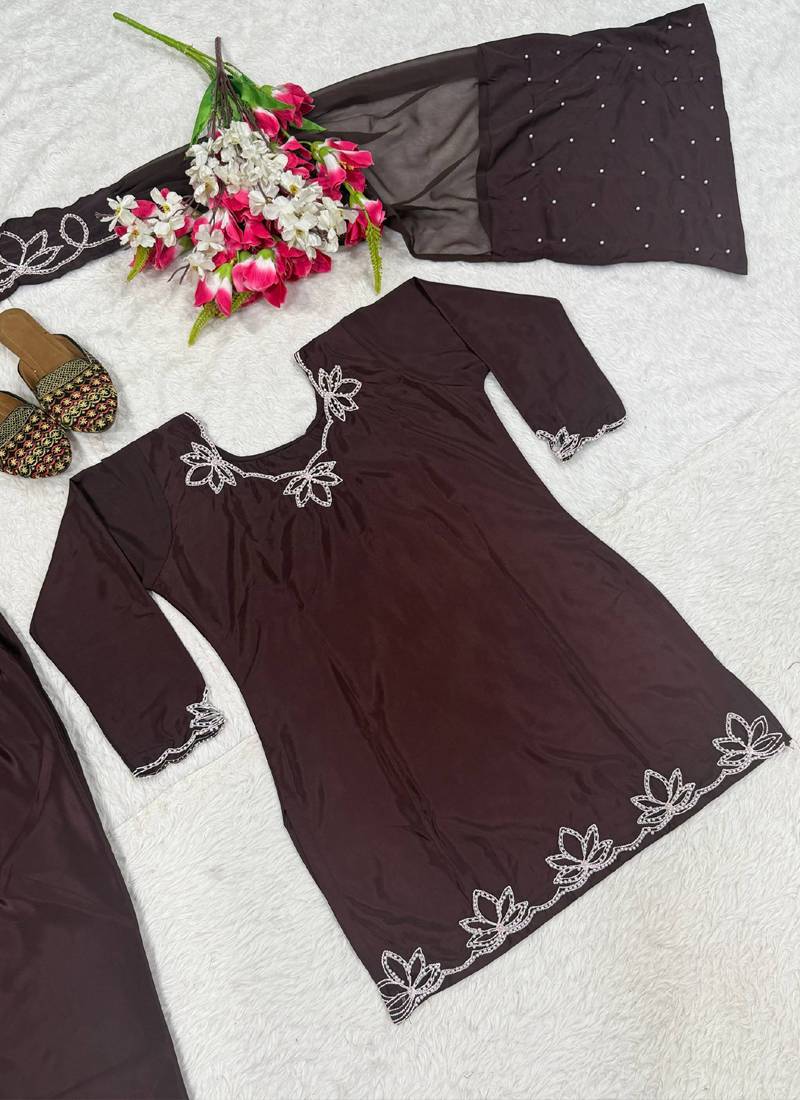 brown faux georgette kurta set