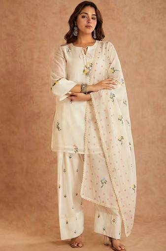 Cream cotton silk kurta farshi salwar dupatta set