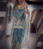 Sky blue fandy crushi silk kurta farshi salwar dupatta set