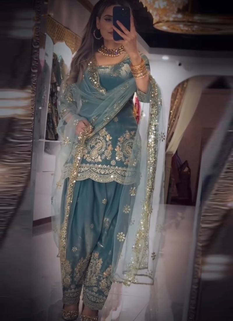 Sky blue fandy crushi silk kurta farshi salwar dupatta set