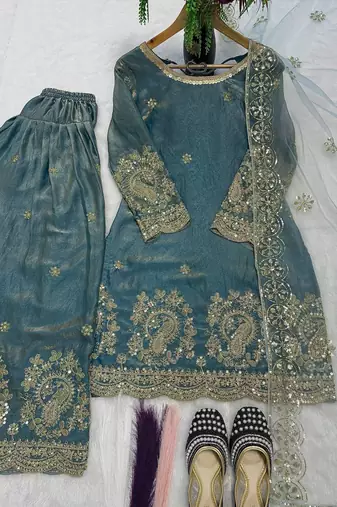 Sky blue fandy crushi silk kurta farshi salwar dupatta set