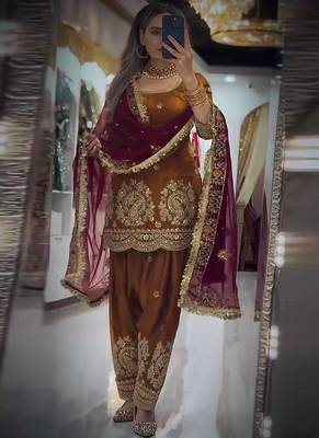 Brown fandy crushi silk kurta farshi salwar dupatta set 1
