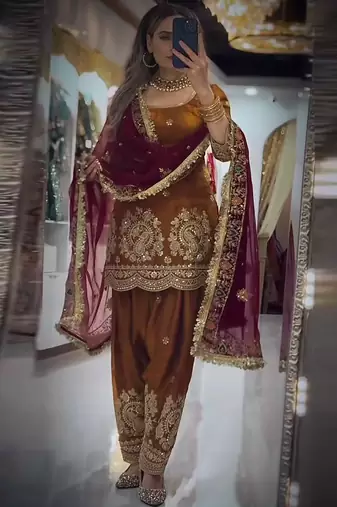 Brown fandy crushi silk kurta farshi salwar dupatta set