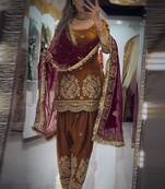 Brown fandy crushi silk kurta farshi salwar dupatta set