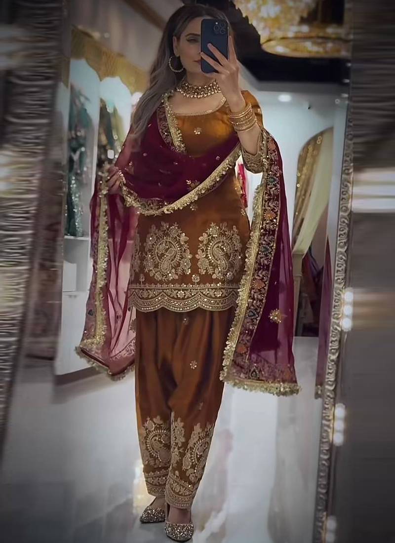 Brown fandy crushi silk kurta farshi salwar dupatta set