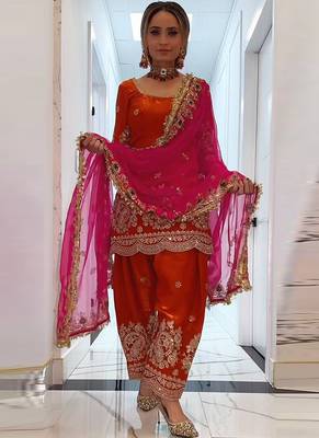 Orange fandy crushi silk kurta farshi salwar dupatta set 1