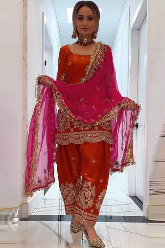 Orange fandy crushi silk kurta farshi salwar dupatta set