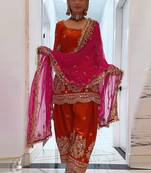 Orange fandy crushi silk kurta farshi salwar dupatta set