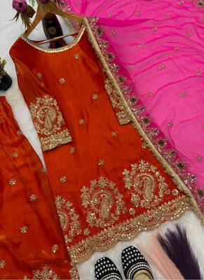 Orange fandy crushi silk kurta farshi salwar dupatta set 2