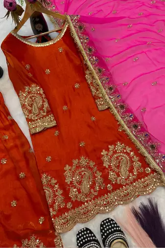 Orange fandy crushi silk kurta farshi salwar dupatta set