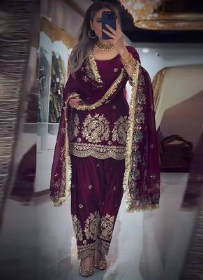 Wine fandy crushi silk kurta farshi salwar dupatta set 1