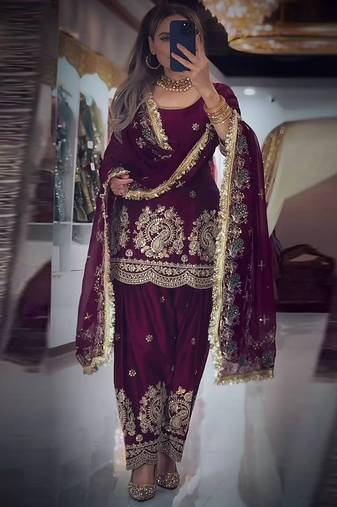 Wine fandy crushi silk kurta farshi salwar dupatta set