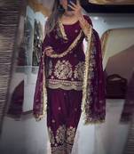 Wine fandy crushi silk kurta farshi salwar dupatta set