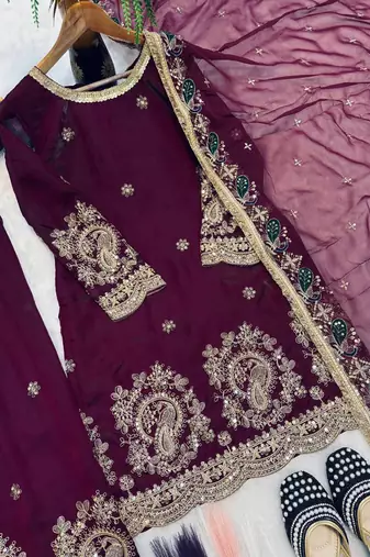Wine fandy crushi silk kurta farshi salwar dupatta set