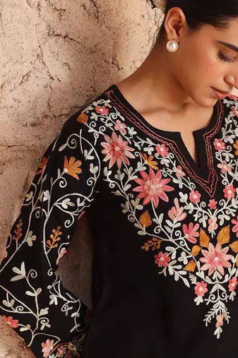 Black roman silk kurta farshi salwar dupatta set