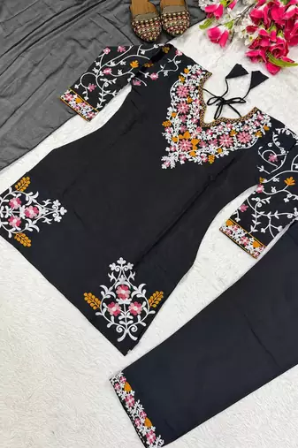 Black roman silk kurta farshi salwar dupatta set