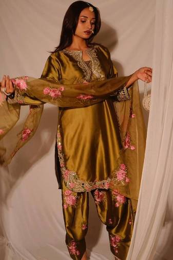 brown satin kurta set