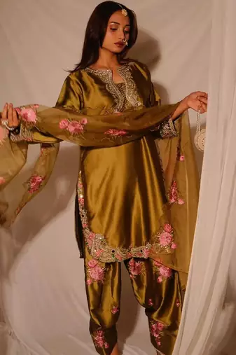 brown satin kurta set