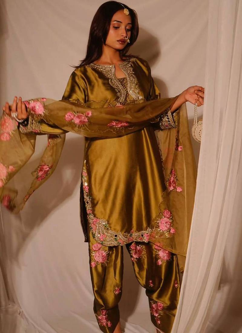 brown satin kurta set