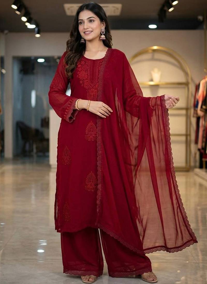 maroon georgette salwar suit dupatta set