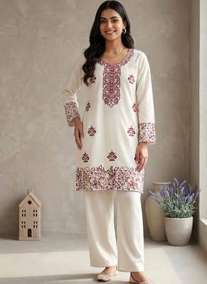 cream rayon cotton georgette kurta pant set 1
