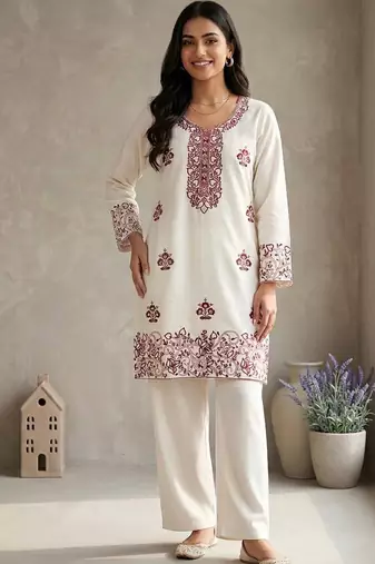 cream rayon cotton georgette kurta pent set