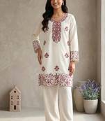 cream rayon cotton georgette kurta pant set