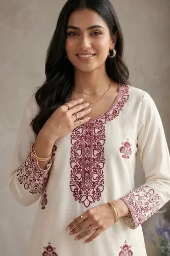 cream rayon cotton georgette kurta pent set