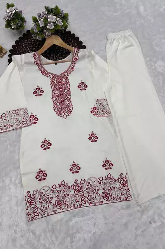 cream rayon cotton georgette kurta pent set