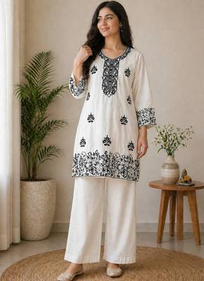 cream rayon cotton georgette kurta pant set 1