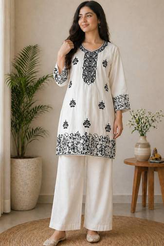 cream rayon cotton georgette kurta pent set
