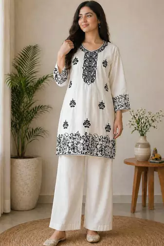 cream rayon cotton georgette kurta pent set