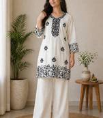 cream rayon cotton georgette kurta pant set