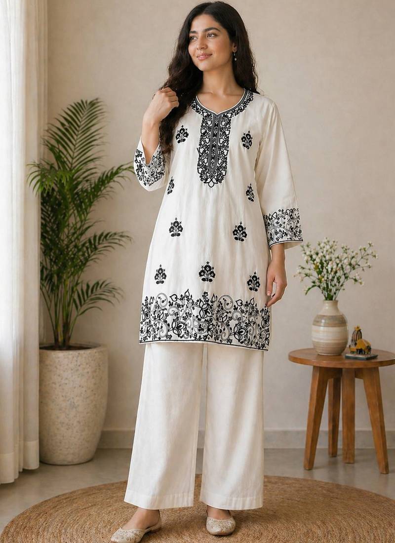 cream rayon cotton georgette kurta pent set