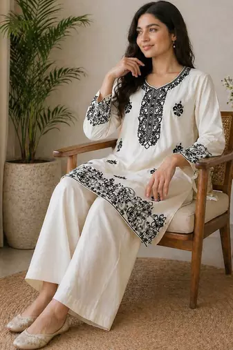 cream rayon cotton georgette kurta pent set