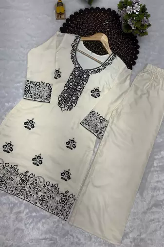 cream rayon cotton georgette kurta pent set