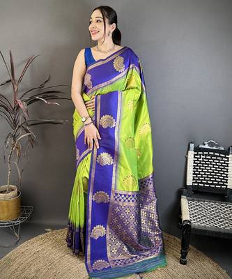 Women parrot green soft silk blend gold zari woven buttas banarasi silk blend saree 1