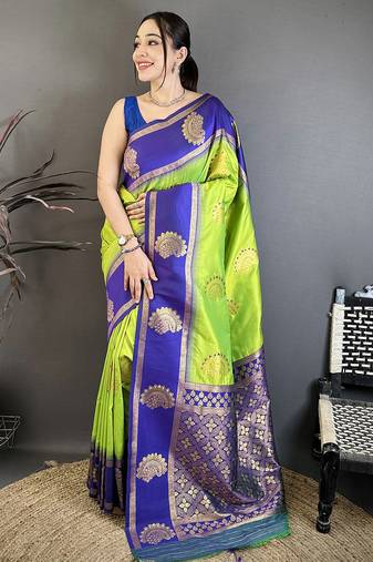 Women parrot green soft silk blend gold zari woven buttas banarasi silk blend saree