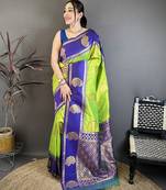 Women parrot green soft silk gold zari woven buttas banarasi silk  saree