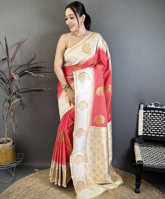 Women coral soft silk blend gold zari woven buttas banarasi silk blend saree 1