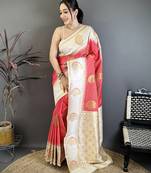 Women coral soft silk gold zari woven buttas banarasi silk  saree
