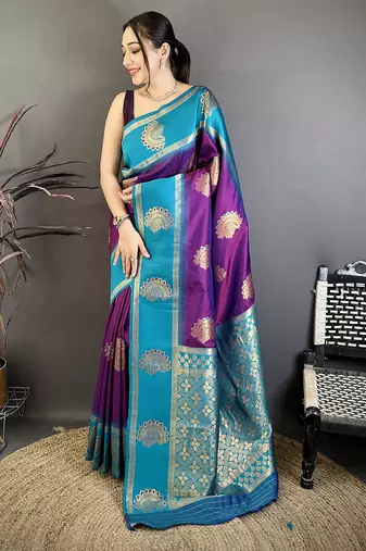 Women violet soft silk gold zari woven buttas banarasi silk  saree