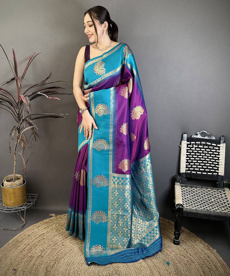Women violet soft silk gold zari woven buttas banarasi silk  saree