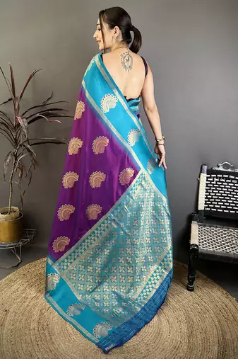 Women violet soft silk gold zari woven buttas banarasi silk  saree
