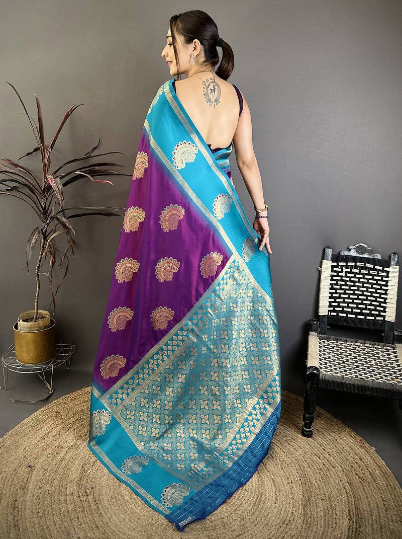 Women violet soft silk gold zari woven buttas banarasi silk  saree