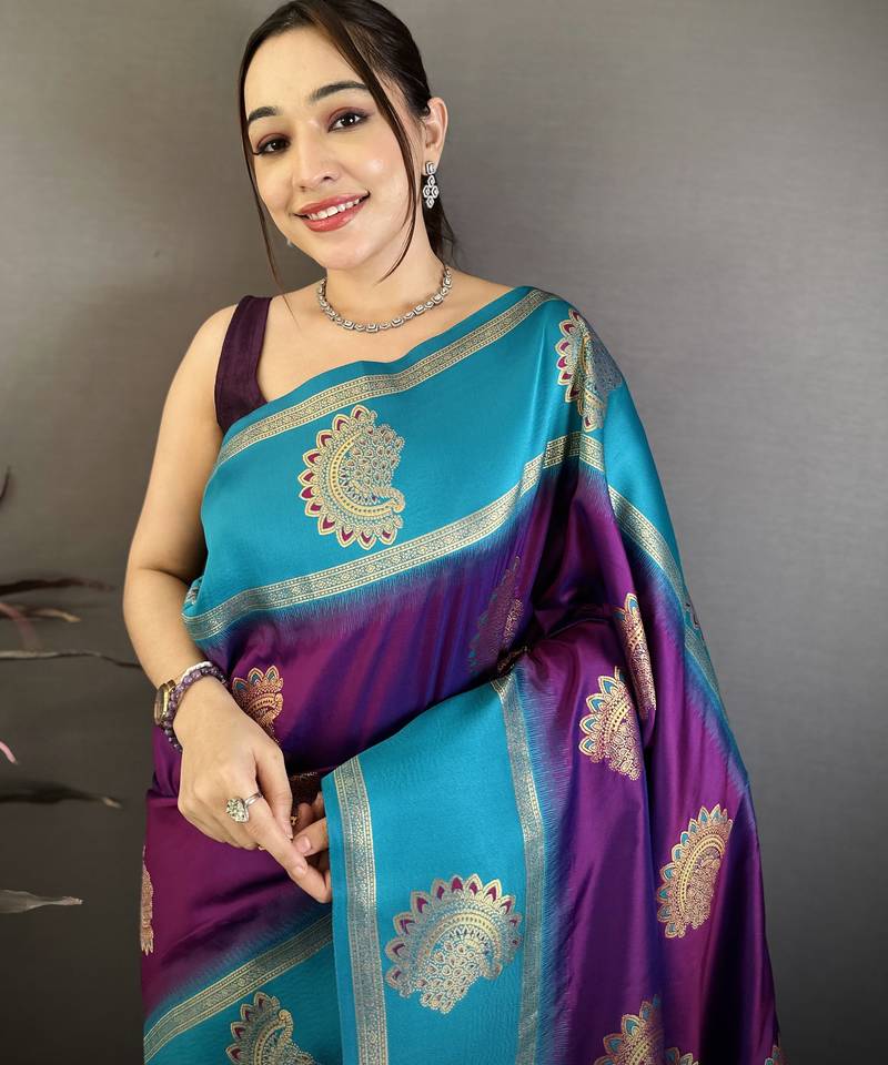Women violet soft silk gold zari woven buttas banarasi silk  saree