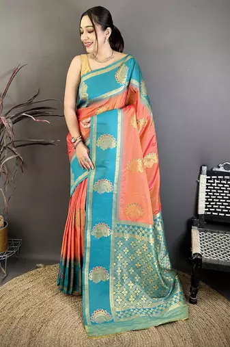 Women peach soft silk gold zari woven buttas banarasi silk  saree