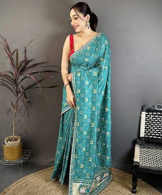 Women rama green vichitra silk blend bandhani & animal motifs bandhani saree 1